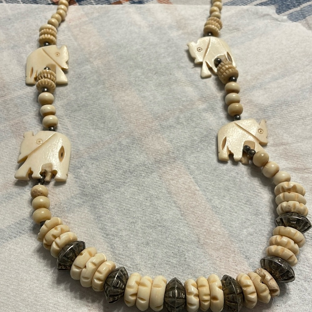 Vintage Carved bone and wood Elephant bead necklace